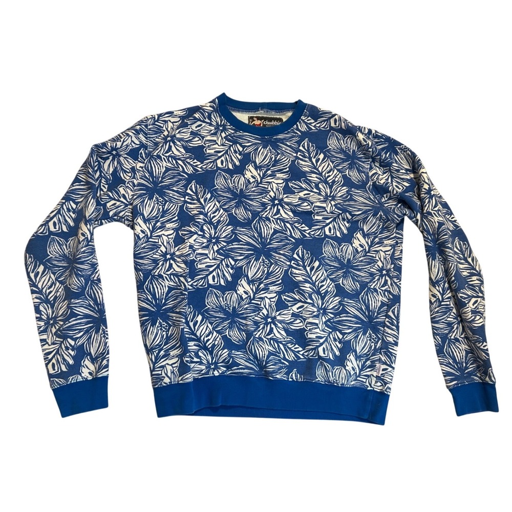 Chubbies Mens‎ Blue White Floral Tropical Hibiscus Cotton Crewneck Sweatshirt L